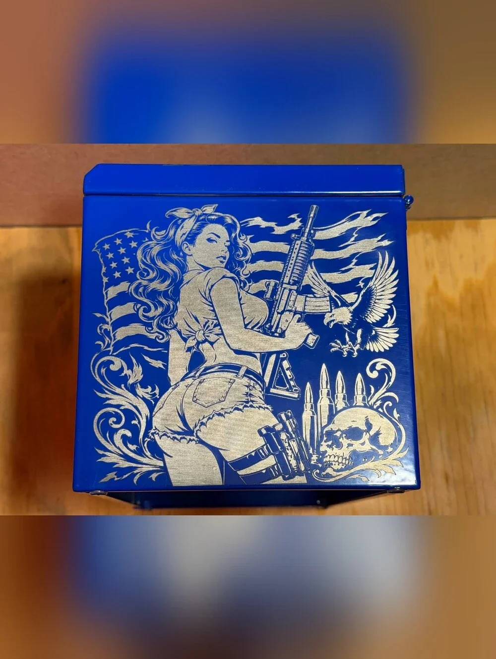 NEW Custom Laser engraved Mini Metal tool box Blue 1776 Pin Up Girl